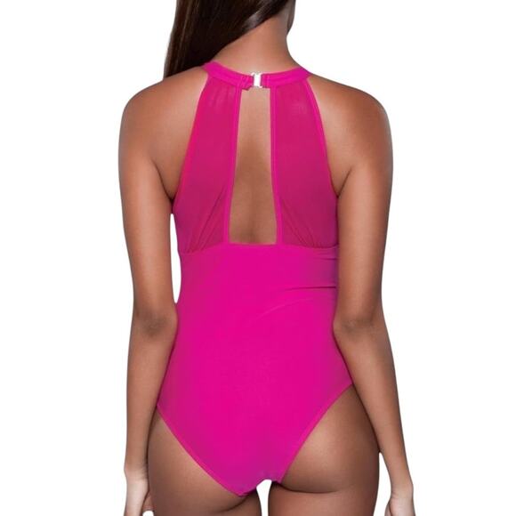 NEW BeWicked Mesh Inset SWIMSUIT Women's LG Fuschia Pink Mesh High Neck Briella - Picture 7 of 10